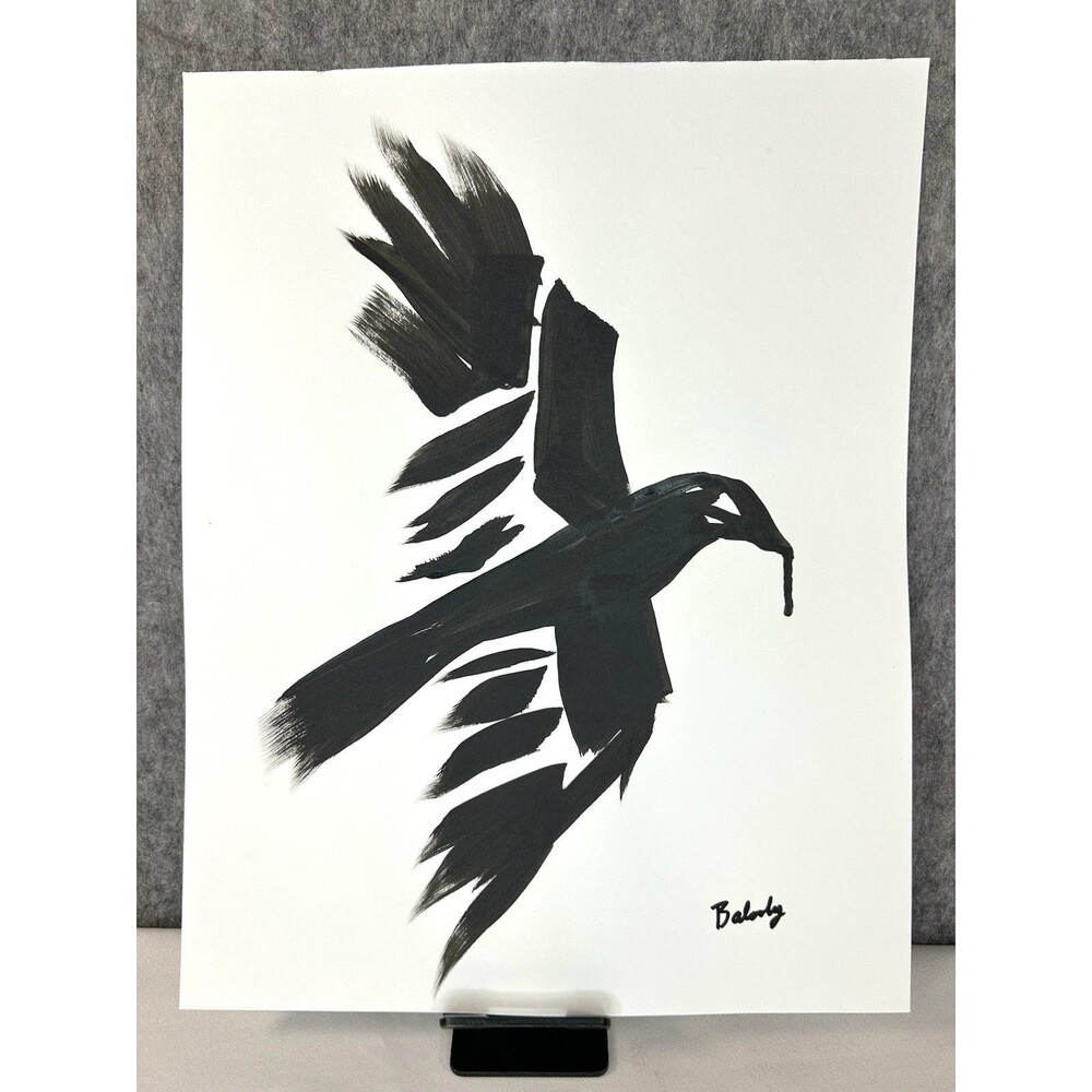 Abstract Black Ink Bird Crow Painting On Heavyweight Art Paper Signed 11x14